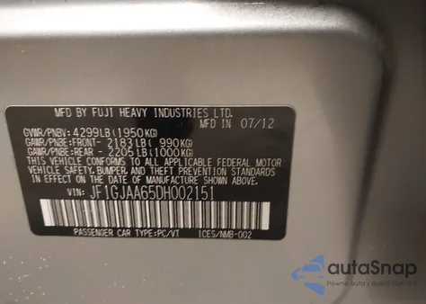 2013 Subaru Impreza 2.0I из США, поврежденный, VIN JF1GJAA65DH002151